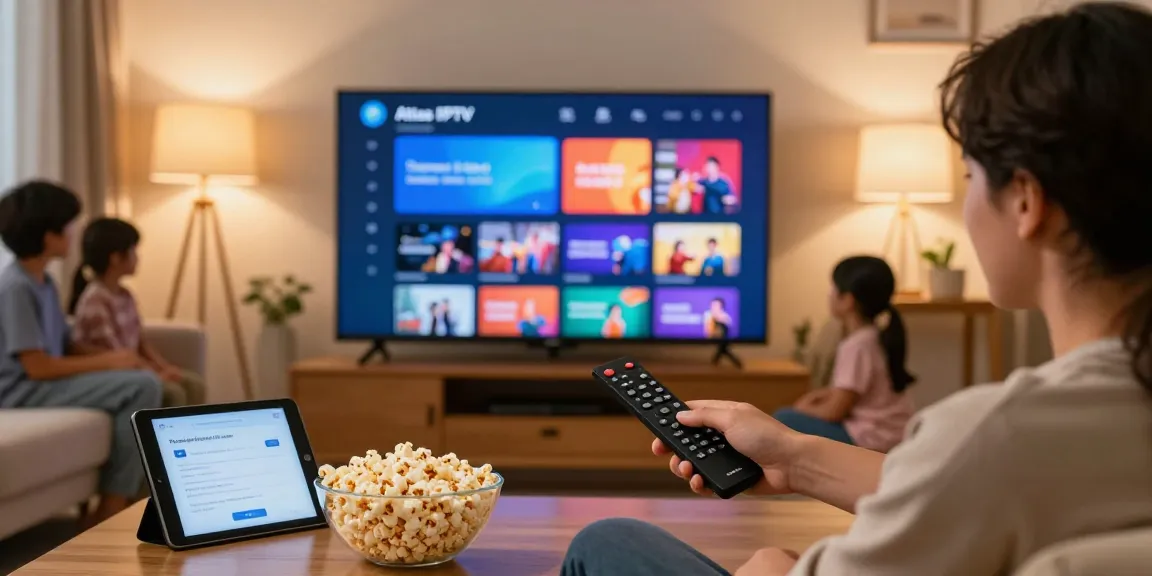 Navigation de l'application Atlas Pro IPTV dans un salon confortable, avec une atmosphère chaleureuse.