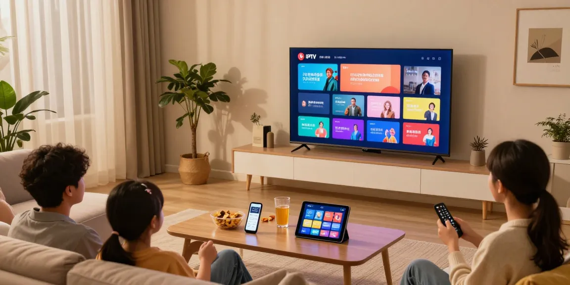 Expérience de visionnage Atlas Pro IPTV dans un salon moderne avec téléviseur et famille.